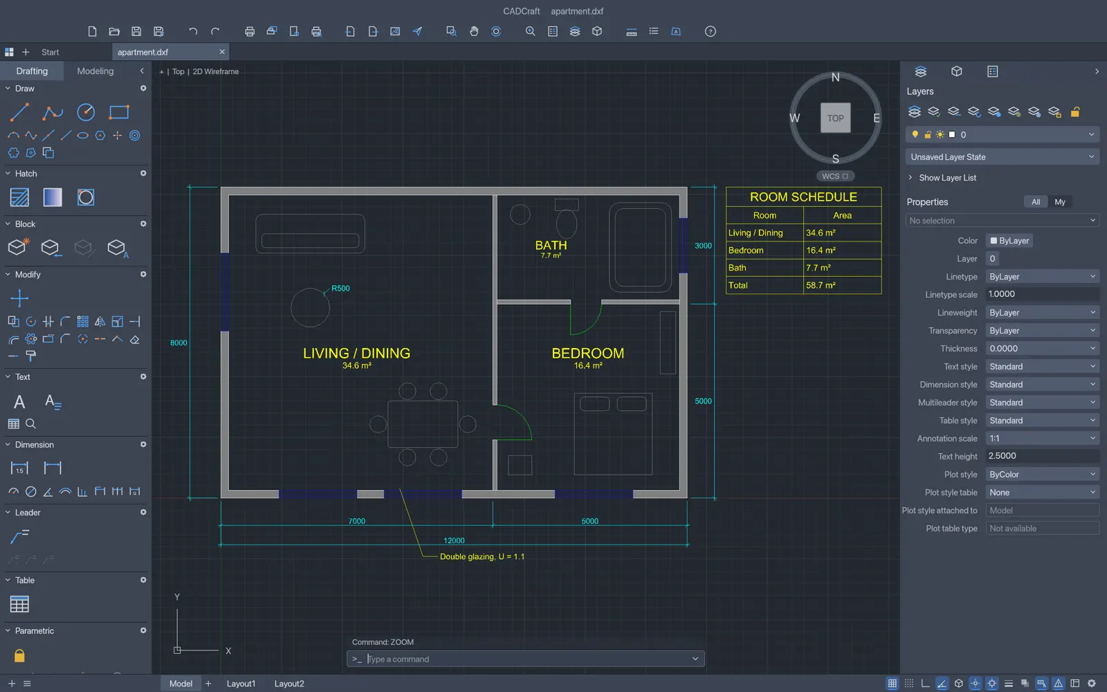 CADCraft drawing an apartment plan with hatching, room labels, a table and dimensions