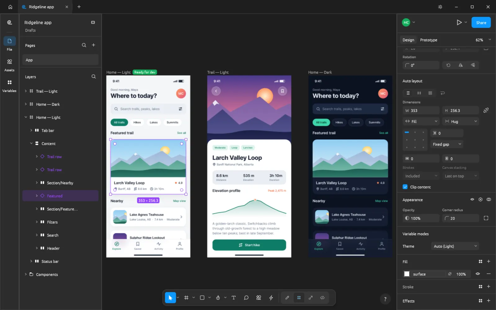 FigCraft showing auto layout app screens built from components with light and dark modes