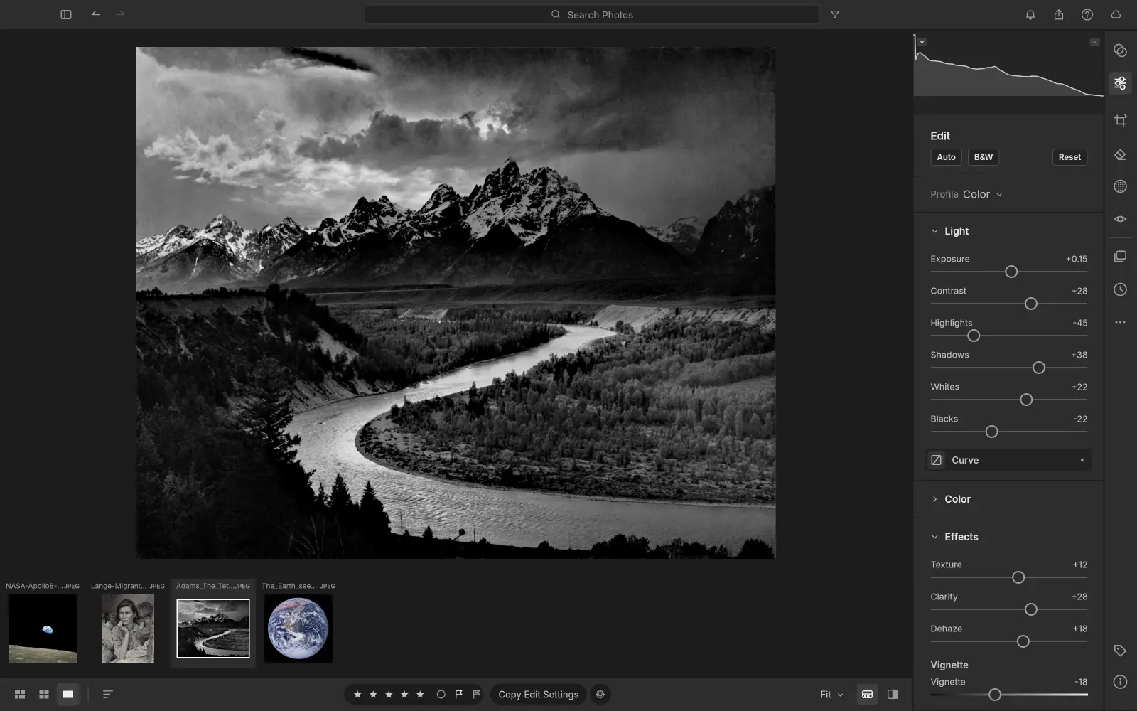 LightCraft developing Ansel Adams' The Tetons and the Snake River with the Light and Color panels open