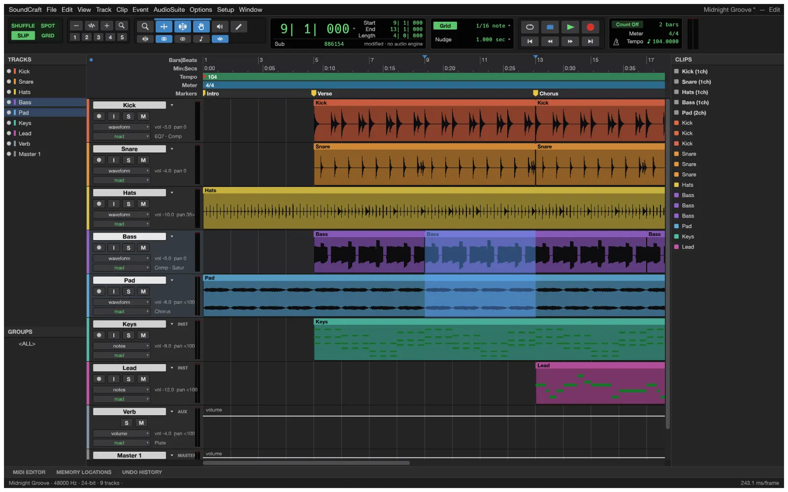 SoundCraft's Edit window with tracks, waveforms, MIDI and the transport playing the demo song
